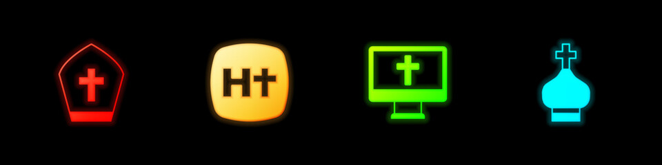 Set Pope hat, Christian cross, on monitor and church tower icon. Vector