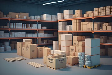 A large clean warehouse with shelfs, carboard boxes and products, Generative Ai