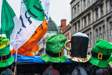 Saint Patrick's day costume stand in Dublin city center, Paddy;s green hats, irish flag