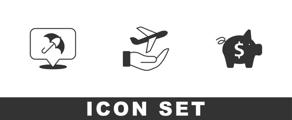 Set Umbrella, Plane in hand and Piggy bank icon. Vector