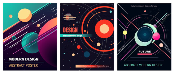Set of vector abstract modern design illustrations, backgrounds for the cover of magazines about dreams, future, design and space, fancy, crazy posters