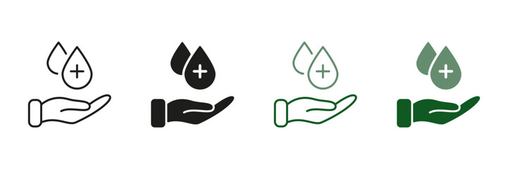 Obraz premium Human Hand with Sanitizer Liquid Drop Symbol Collection. Hygiene Procedure Line and Silhouette Icon Set. Hand Washing, Antiseptic Alcohol Gel Sign. Prevention Concept. Isolated Vector illustration