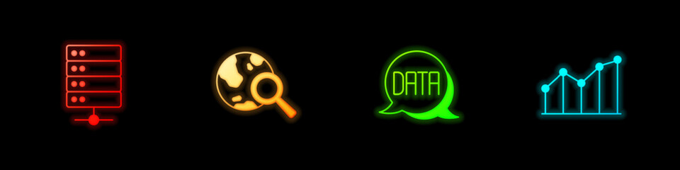 Set Server, Search globe, Data analysis and Pie chart infographic icon. Vector