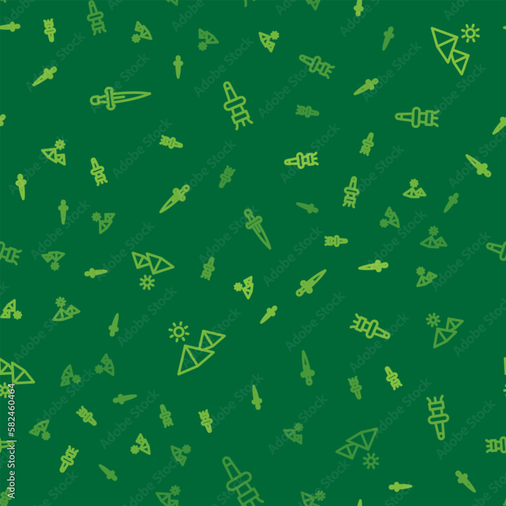 Poster set line dagger, egypt pyramids and torch flame on seamless pattern. vector