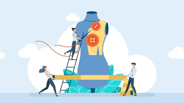 Clothing design. Taking measures. Seamstress fitting of clothes on mannequin. Process of sewing clothes, fashion studio. Plastic tape measure. Workshop, dressmakers at work. 2D Flat Animation. Cartoon
