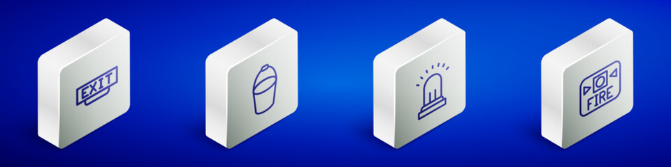 Set Isometric line Fire exit, bucket, Ringing alarm bell and system icon. Vector