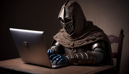 Medieval knight sitting at computer - obrazy, fototapety, plakaty