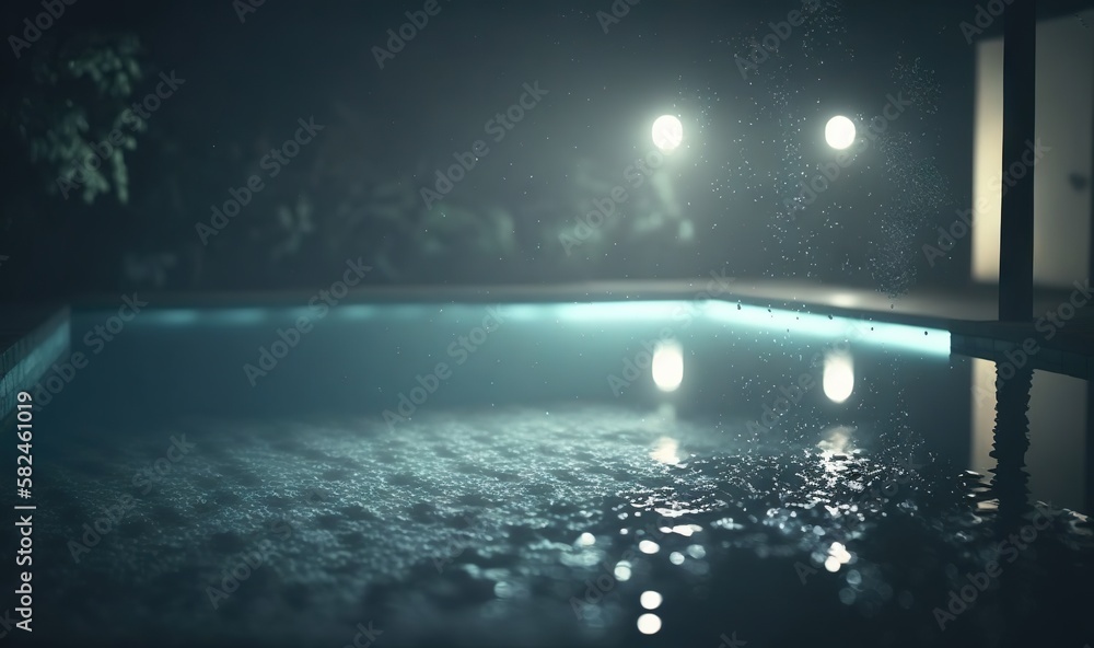 Poster a pool at night with lights reflecting off of the water and reflecting off of the pool surface in th