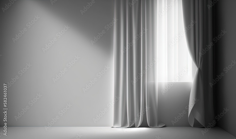 Poster an empty room with a white curtain and a window with a light coming through the window and a white c