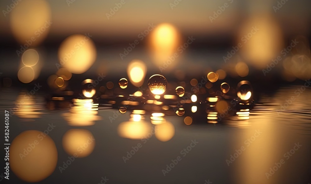 Poster a group of bubbles floating on top of a lake next to a forest of trees at night with lights reflecti