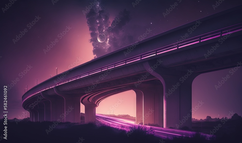 Poster a bridge that has a train on it and a sky background with stars and a light at the top of the bridge