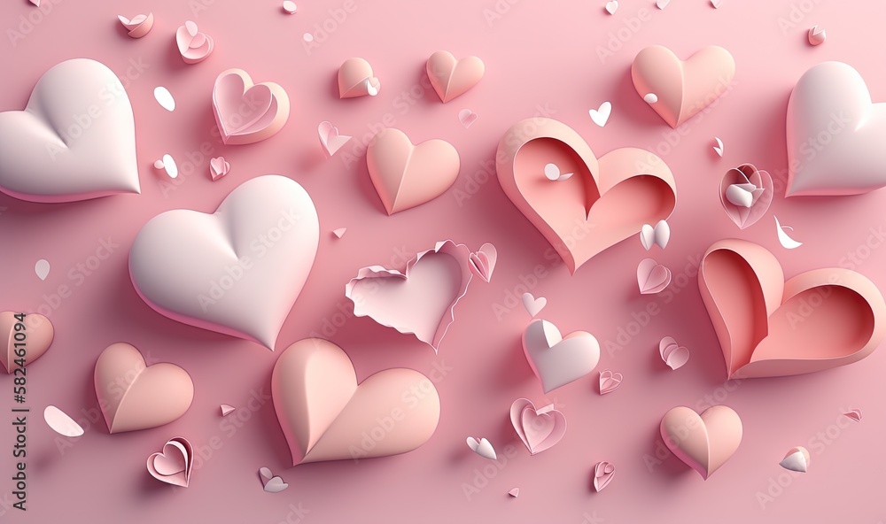 Poster a bunch of hearts that are on a pink surface with some broken ones in the middle of the image and a 
