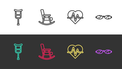 Set line Crutch or crutches, Rocking chair, Heart rate and Eyeglasses on black and white. Vector