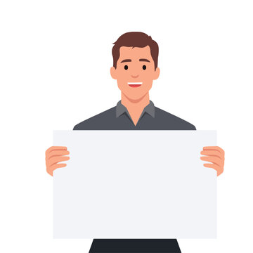 Vector cartoon illustration with a smiling office man with a billboard in his hands. Flat vector illustration isolated on white background