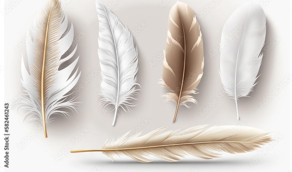 Poster a set of four different types of feathers on a white background with a shadow of the feathers in the