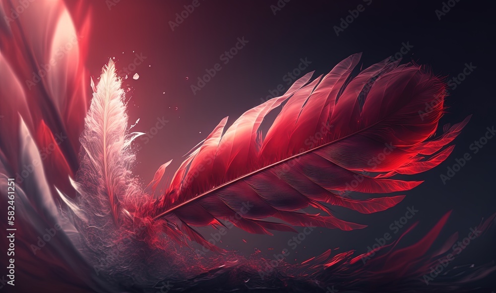 Poster a close up of a red feather on a black background with a blurry image of the feather and the backgro