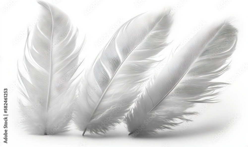 Poster three white feathers on a white background with a reflection of the feathers in the water and the ba