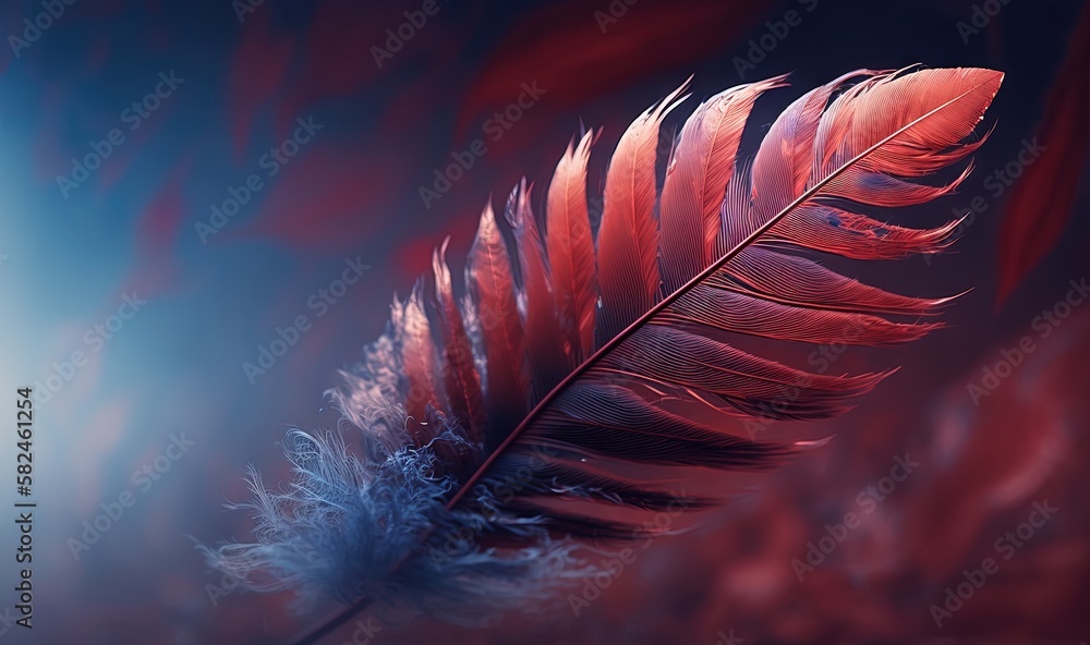 Poster a red and blue feather on a dark background with a blurry light behind it and a blue light in the ba