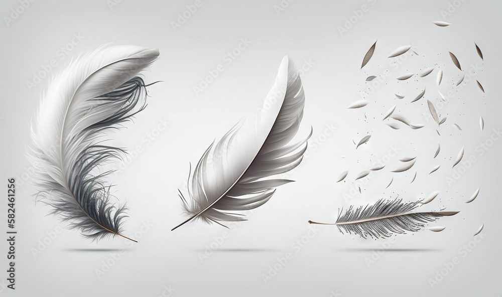 Poster a set of three feathers with different shapes and sizes on a white background with a shadow effect o