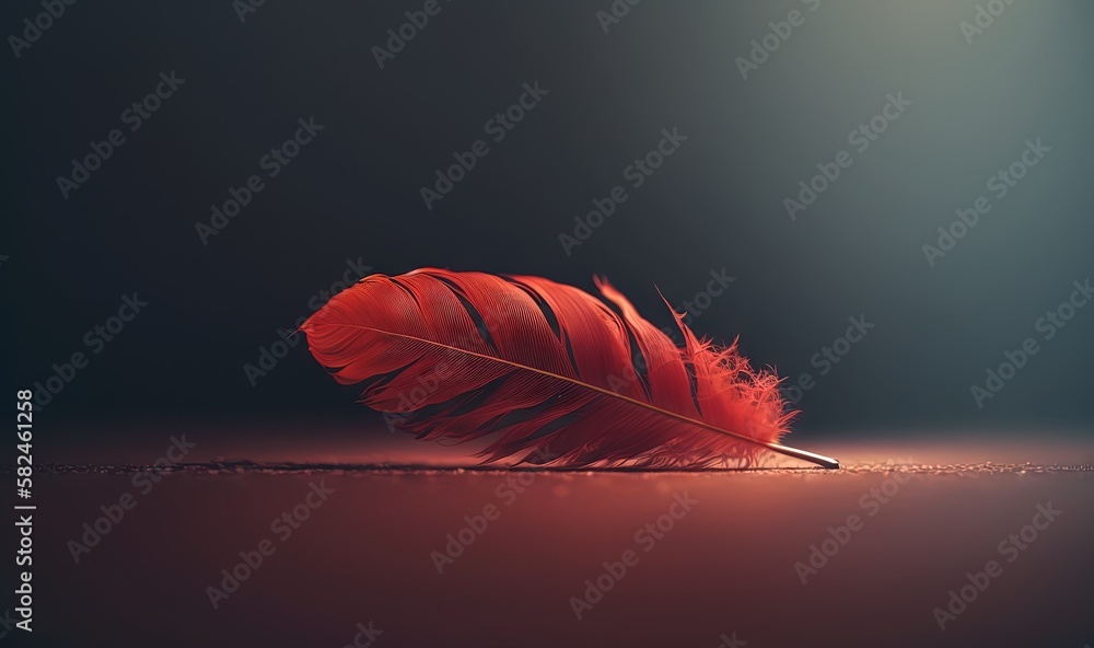 Poster a red feather resting on a table with a black background and a red light shining on the floor in the