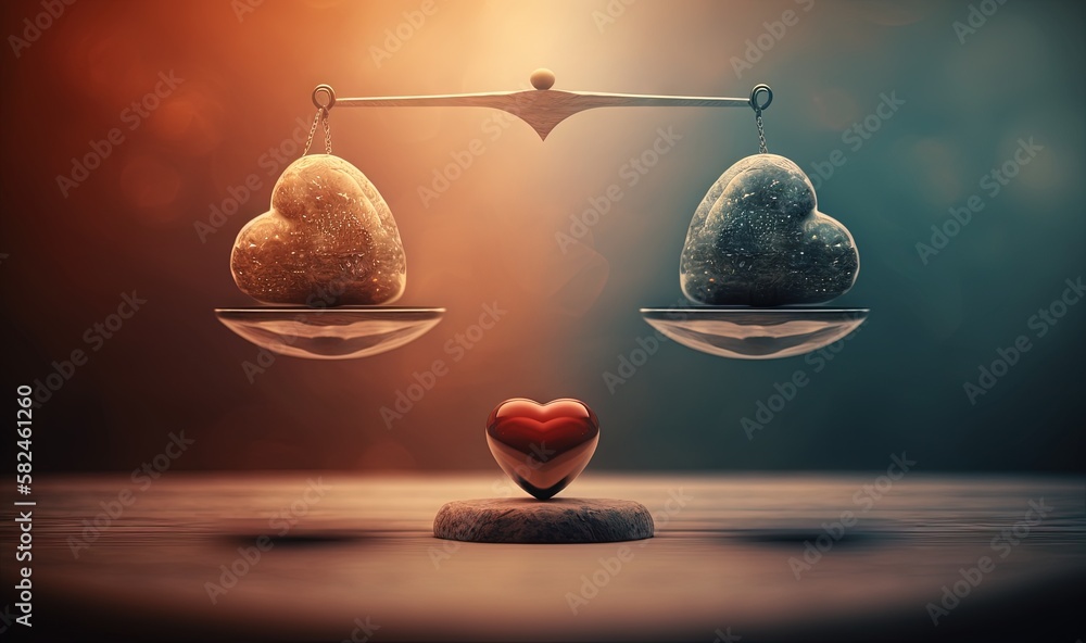 Poster a heart and a heart shaped rock on a scale with a balance scale in the middle of it, with a red hear