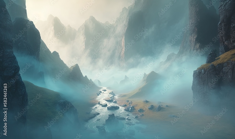 Aufkleber a river running through a foggy mountain valley in the middle of the night with a mountain range in 