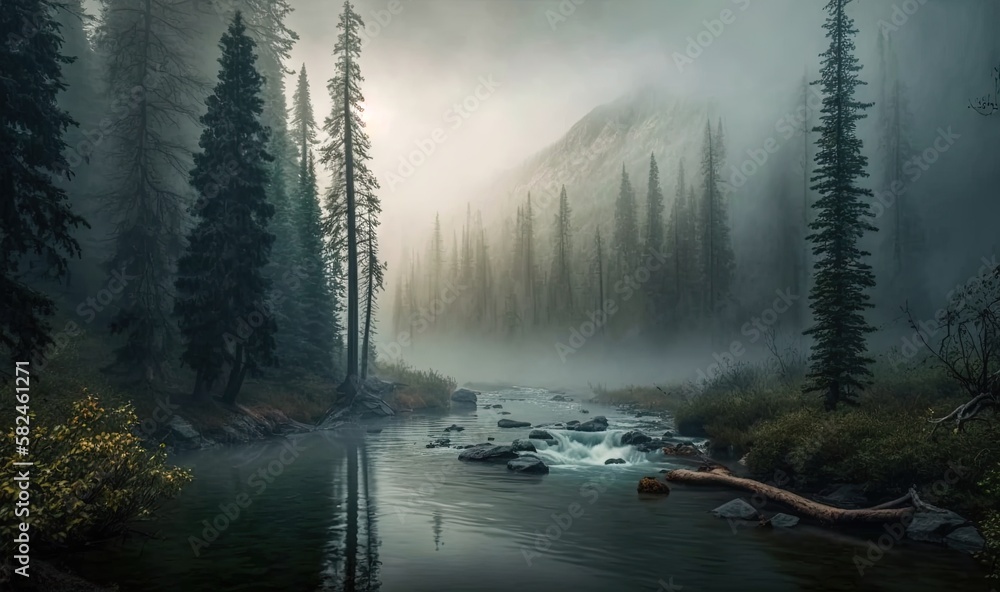 Poster a painting of a mountain stream in the woods with fog and trees on the side of the stream and a fall