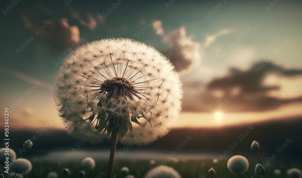 Poster a dandelion in the middle of a field with the sun setting in the background and clouds in the sky ab