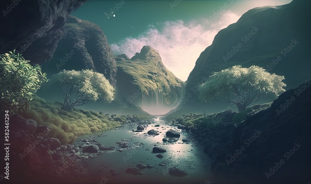 Poster a painting of a mountain stream with a waterfall coming out of the middle of the stream and trees on