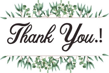 thank you text with green leaves design vector	
