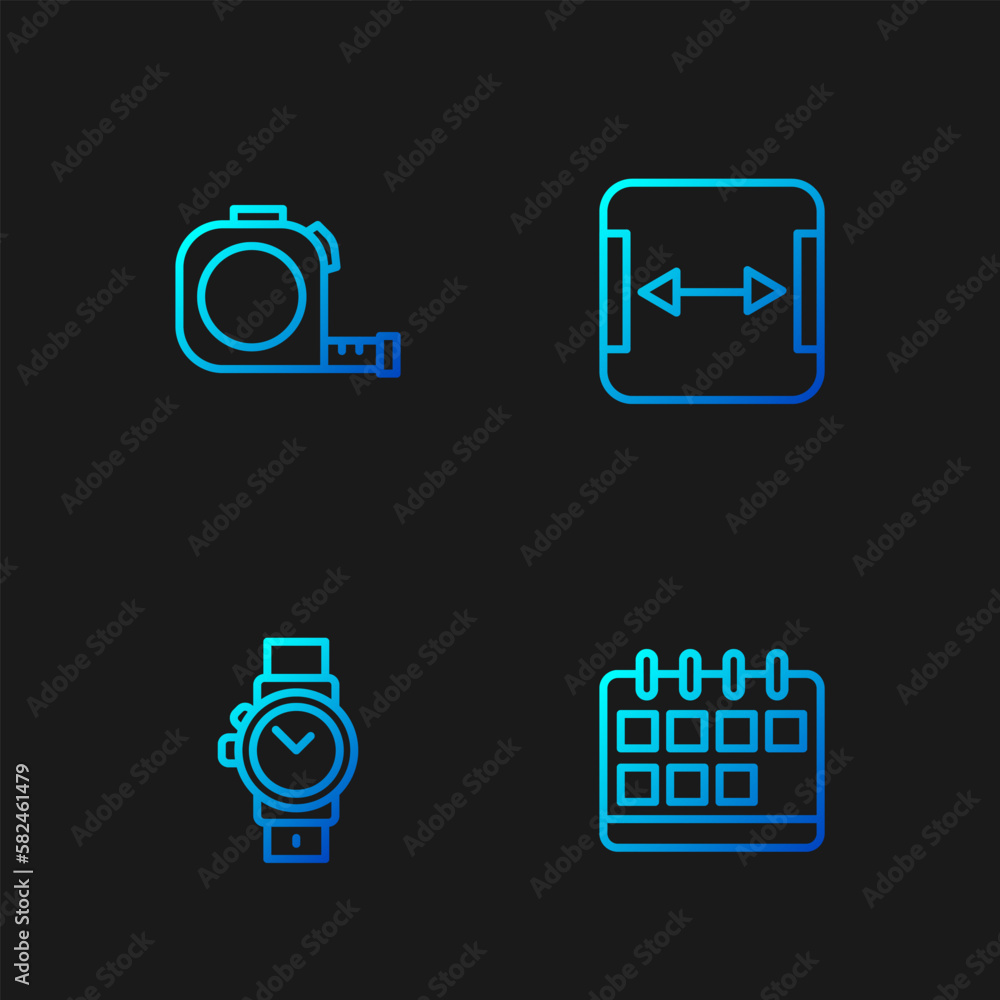 Sticker Set line Calendar, Wrist watch, Roulette construction and Area measurement. Gradient color icons. Vector