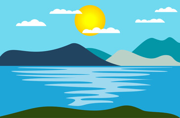 Sunny summer day over rocky sea bay. Vector background