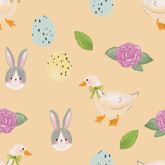 Obraz na płótnie Canvas Cute bunny rabbit and duck i flowers blooming seamless pattern in cartoon style seamless repeat
