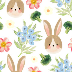 Cute bunny rabbit and duck i flowers blooming seamless pattern in cartoon style seamless repeat