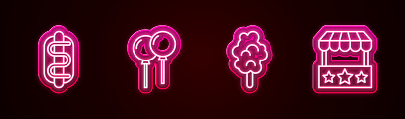 Set line Hotdog sandwich, Balloons with ribbon, Cotton candy and Ticket box office. Glowing neon icon. Vector