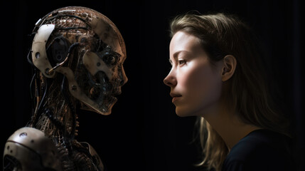 A woman having a conversation with a robot, generative AI