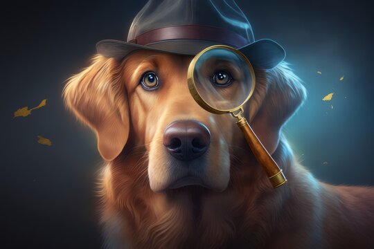 a detective golden retriever dog with hat and magnifying glasses generative AI