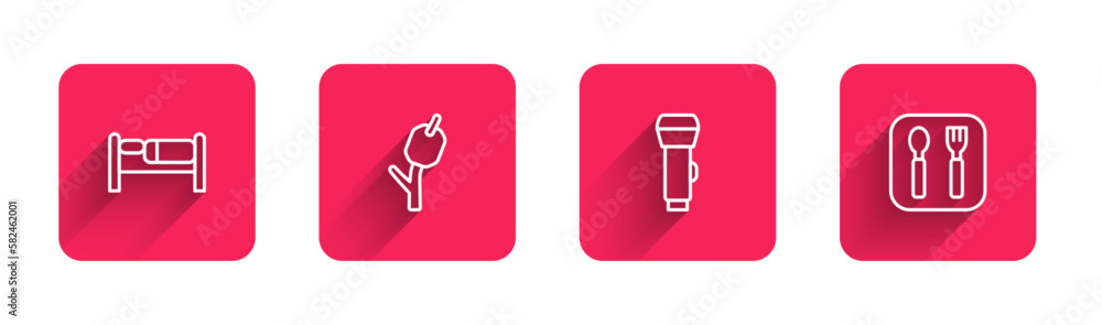 Poster set line bed, marshmallow on stick, flashlight and fork and spoon with long shadow. red square butto