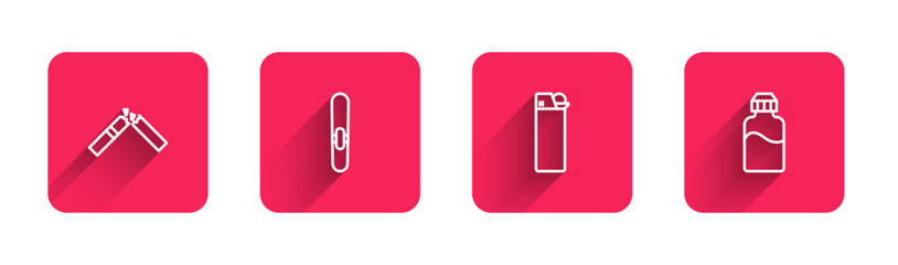 Set line Broken cigarette, Cigar, Lighter and Vape liquid bottle with long shadow. Red square button. Vector