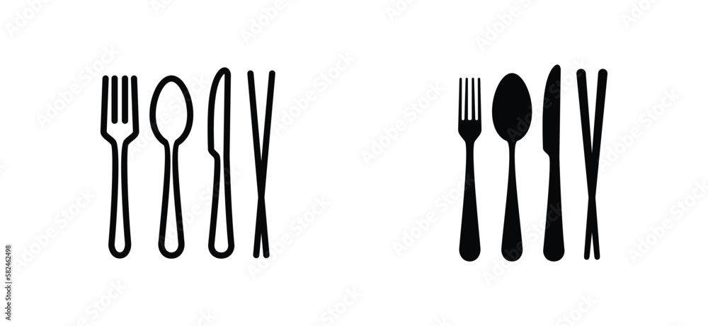 Wall mural Fork, spoon, knife, and chopsticks icon. Cutlery icon set in line and flat style. Dinnerware icon symbol. Restaurant sign and symbol. Vector illustration