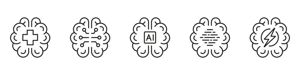 Neurology Science, Digital Technology Linear Pictogram Set. Human Brain AI Concept Black Line Icons. Artificial Intelligence Symbol on White Background. Editable Stroke. Isolated Vector Illustration