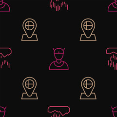 Set line Northern lights, Location flag Iceland and Viking head on seamless pattern. Vector