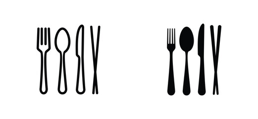 Fork, spoon, knife, and chopsticks icon. Cutlery icon set in line and flat style. Dinnerware icon symbol. Restaurant sign and symbol. Vector illustration
