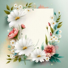 Obraz na płótnie Canvas Photo floral background with white blank greeting card and flowers generative ai