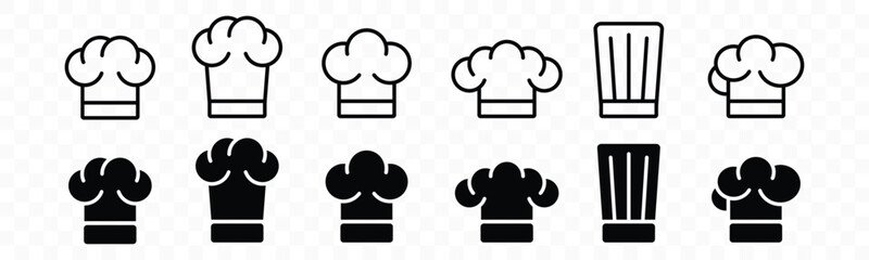 Chef hat icon set. Restaurant sign and symbol. A chef's hat icon collection in line and flat style. Vector illustration - obrazy, fototapety, plakaty