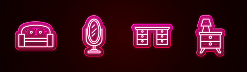 Set line Armchair, Mirror, Office desk and Nightstand with lamp. Glowing neon icon. Vector