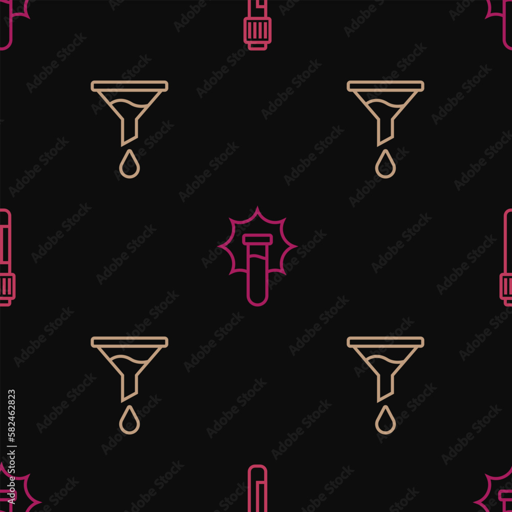 Poster set line test tube, funnel or filter and explosion in the flask on seamless pattern. vector