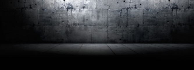 Dark and dim concrete wall and floor background. Wide format. Generative AI.
