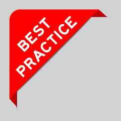 Red color of corner label banner with word best practice on gray background