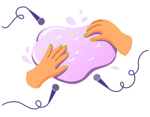 Concept of creating ASMR content. Hands crumple the viscous purple slime and blogger records pleasurable sound on microphones.